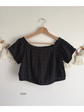 Aerie Black Gauze Crinkle Cotton Blend Off Shoulder Puff Sleeve Crop Top Black L